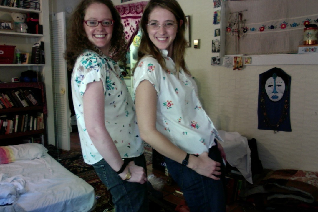 Me and Becca wearing matching shirts from the Goodwill Bins